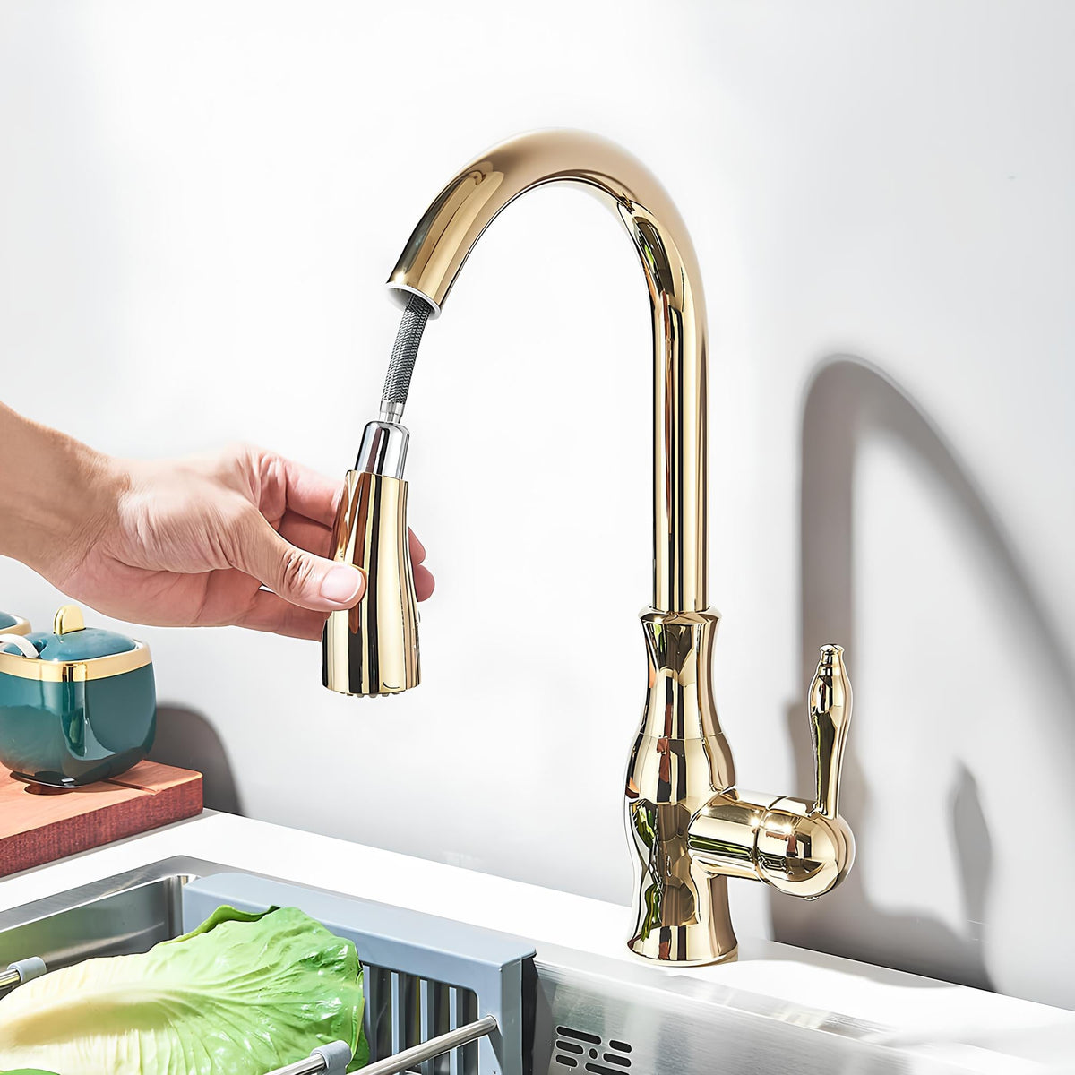 Robinet cuisine laiton douchette extractible col pivotant