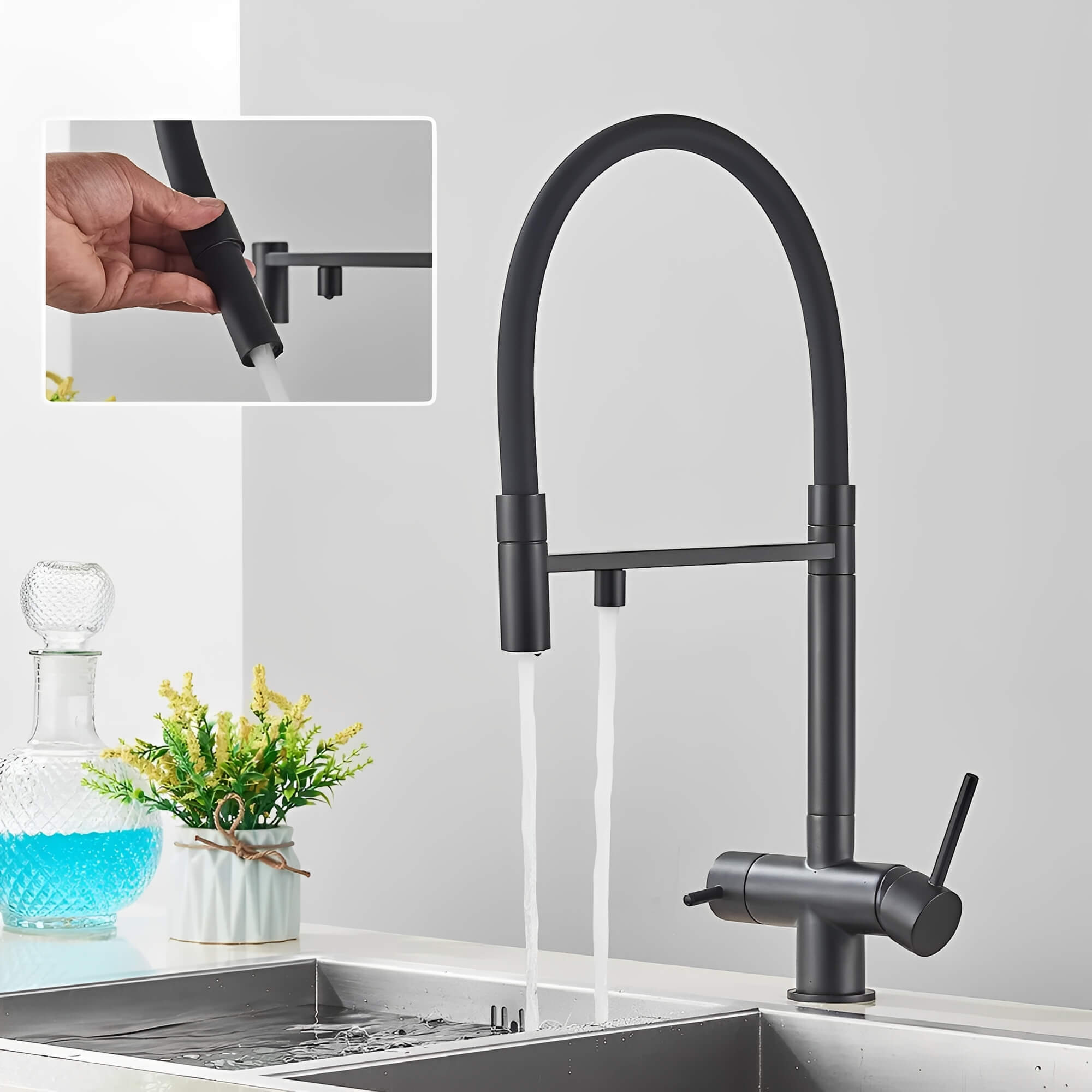 Robinet cuisine noir avec douchette et eau filtrée L'art du robinet