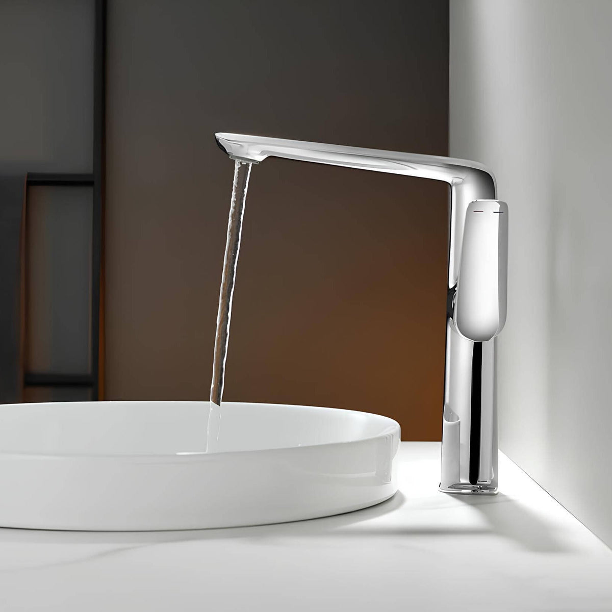 Robinet lavabo haut design - mitigeur bec allongé chrome L'art du robinet